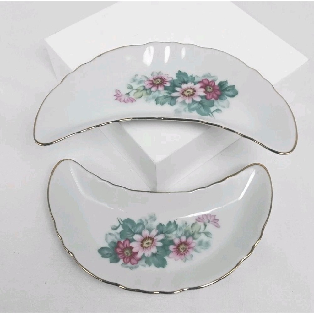 Lot of 2‎ Chadwick Porcelain Bone Plate Dishes PinkTeal Floral Crescent Gold Rim